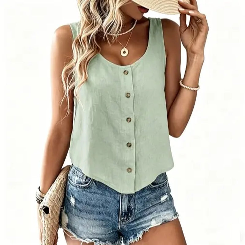 IDEALSANXUN Lady'S Lightweight Linen Tank Top - Scoop Neck, Button-Down, Short Sleeveless, Cropped Blouses for Beach, Casual Wear (Premium Fabrics) Flowy Ruched Floral Crop Tshirt Women Oversized Summerwins,Summerwins