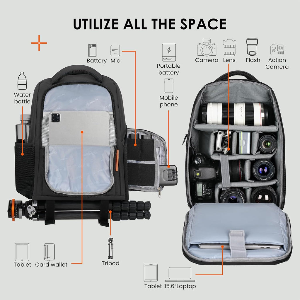 Camera Backpack for Photographers - Compact Camera Bag with 15 Inch Laptop Compartment - Side Access Quick Draw - Anti-Theft Hidden Pocket Tripod Holder Rain Cover - TB04 Black