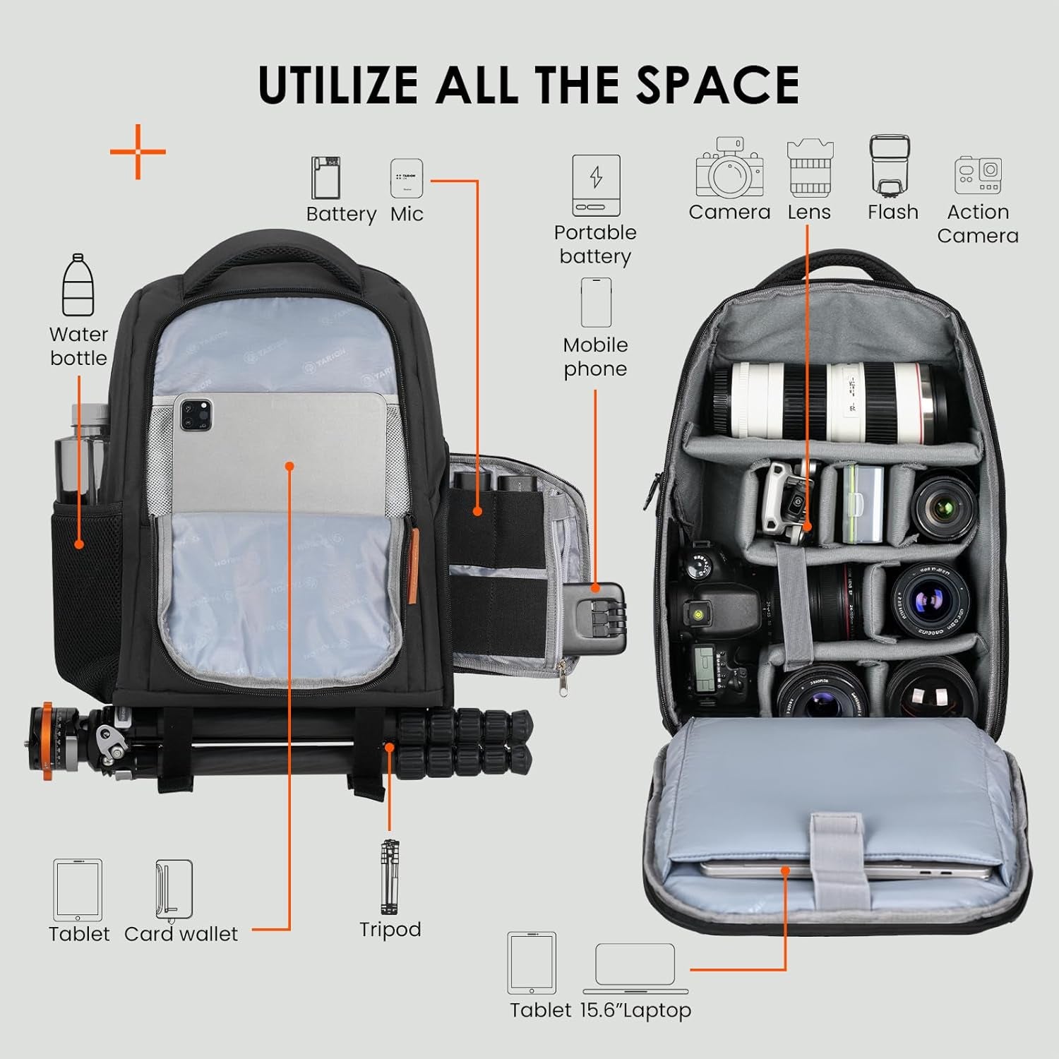 Camera Backpack for Photographers - Compact Camera Bag with 15 Inch Laptop Compartment - Side Access Quick Draw - Anti-Theft Hidden Pocket Tripod Holder Rain Cover - TB04 Black
