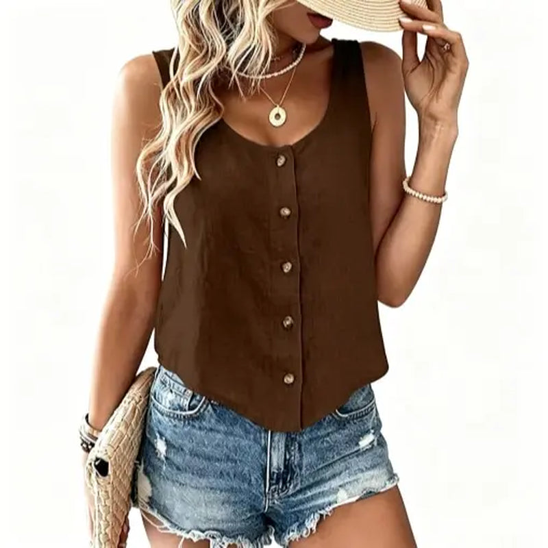 IDEALSANXUN Lady'S Lightweight Linen Tank Top - Scoop Neck, Button-Down, Short Sleeveless, Cropped Blouses for Beach, Casual Wear (Premium Fabrics) Flowy Ruched Floral Crop Tshirt Women Oversized Summerwins,Summerwins