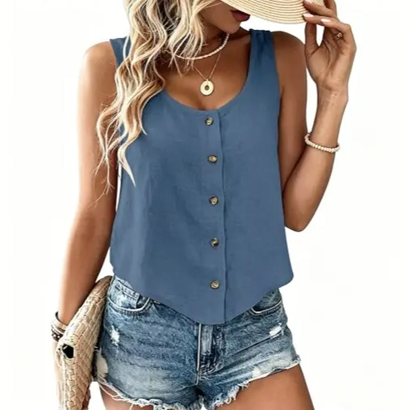 IDEALSANXUN Lady'S Lightweight Linen Tank Top - Scoop Neck, Button-Down, Short Sleeveless, Cropped Blouses for Beach, Casual Wear (Premium Fabrics) Flowy Ruched Floral Crop Tshirt Women Oversized Summerwins,Summerwins
